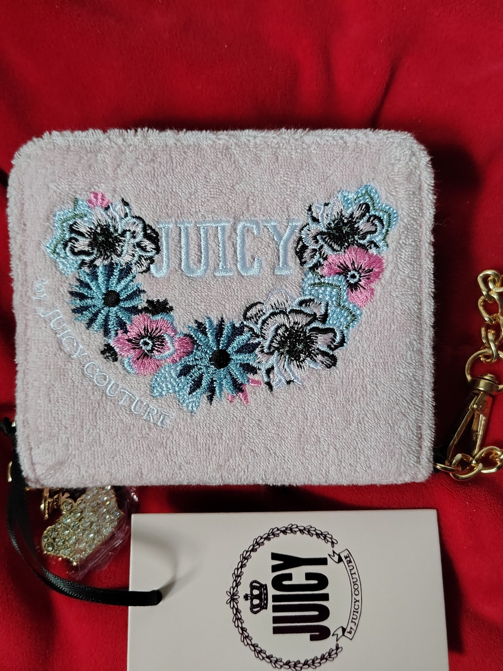 Juicy Couture Pink Floral Embroidered Chain Wallet